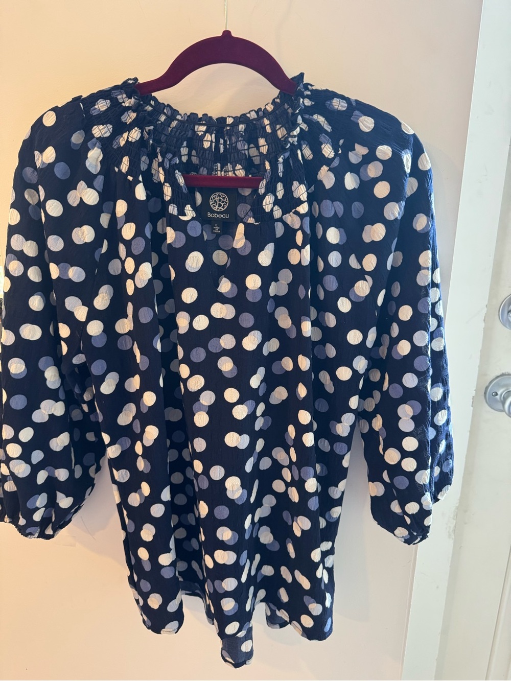 bobeau Navy Polka Dot Smocked Neck Blouse